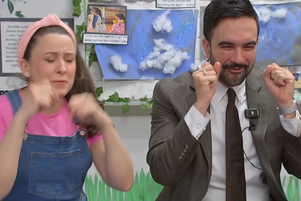 An image collage containing 1 images, Image 1 shows Educator and YouTuber Ms. Rachel engaging with children alongside New York City Mayor Zohran Mamdani