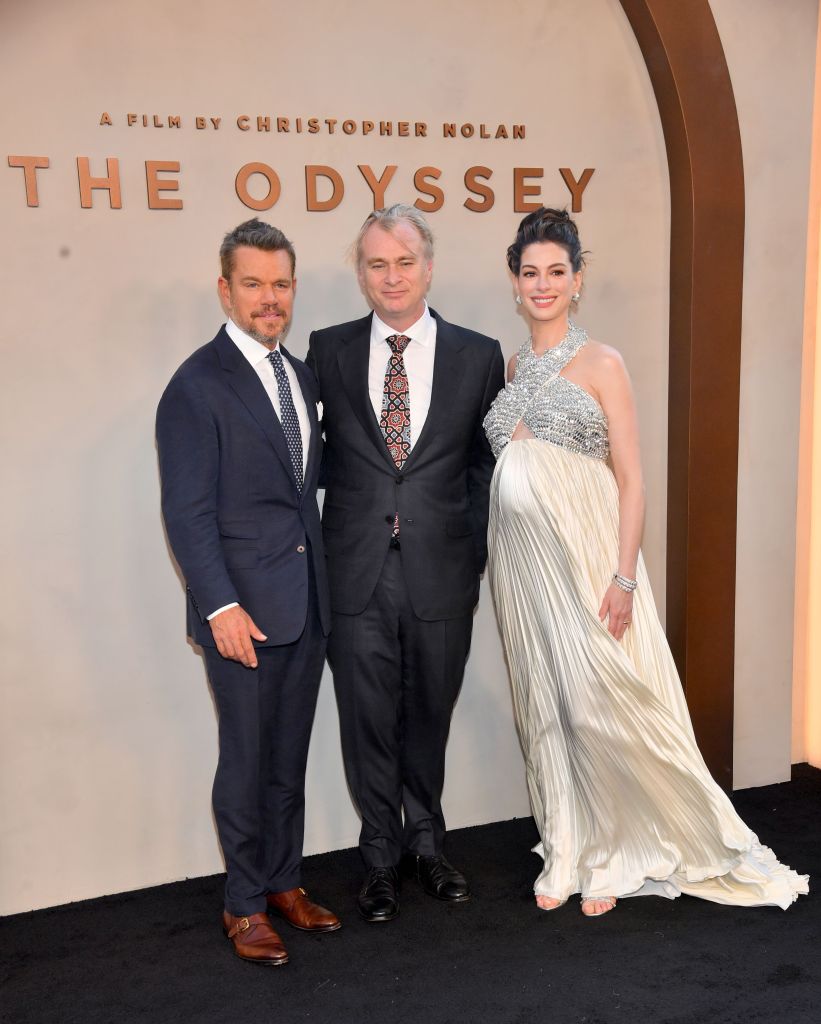 Matt Damon, Christopher Nolan and Anne Hathaway at the New York premiere of "The Odyssey"