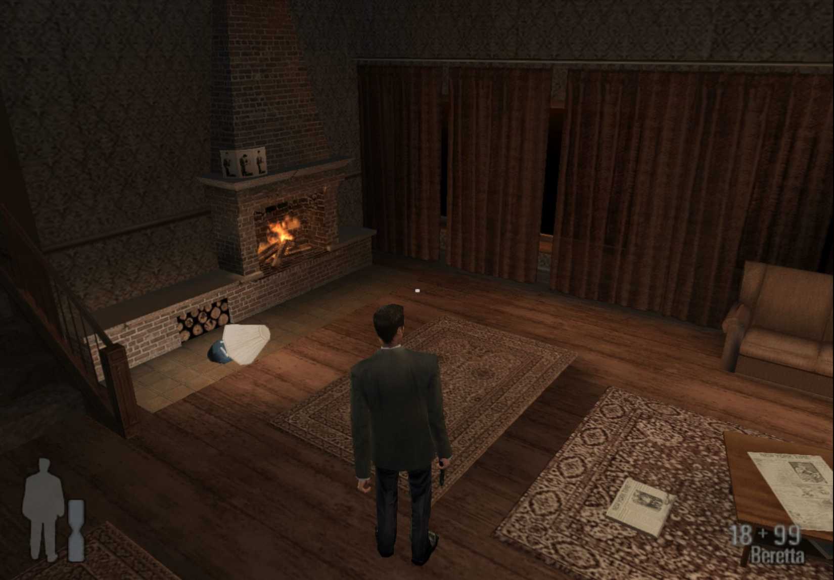 Max Payne surveys the signs of violence downstairs at his home in New Jersey