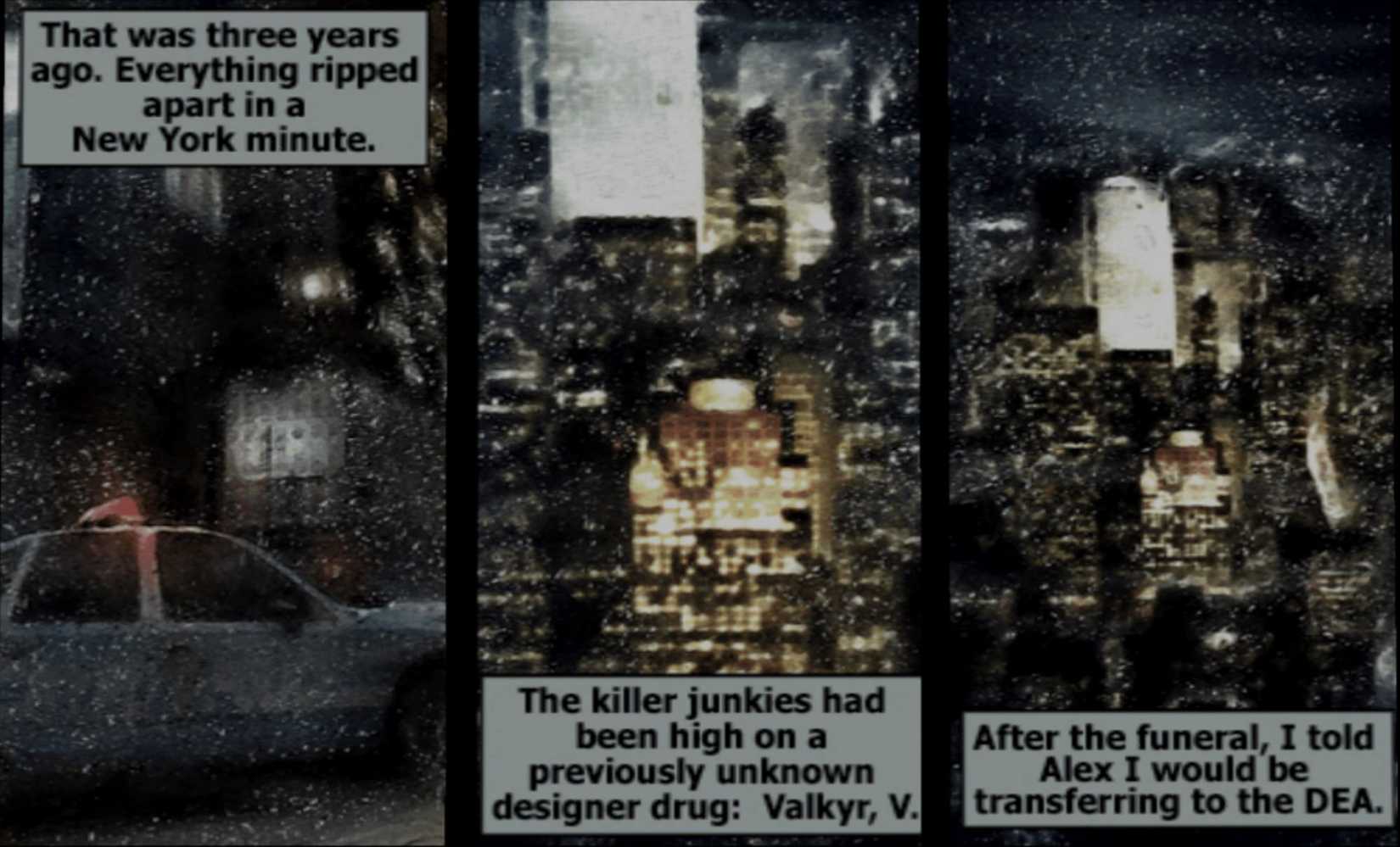 A screenshot from Max Payne showing story panels relating the hero's tragic past