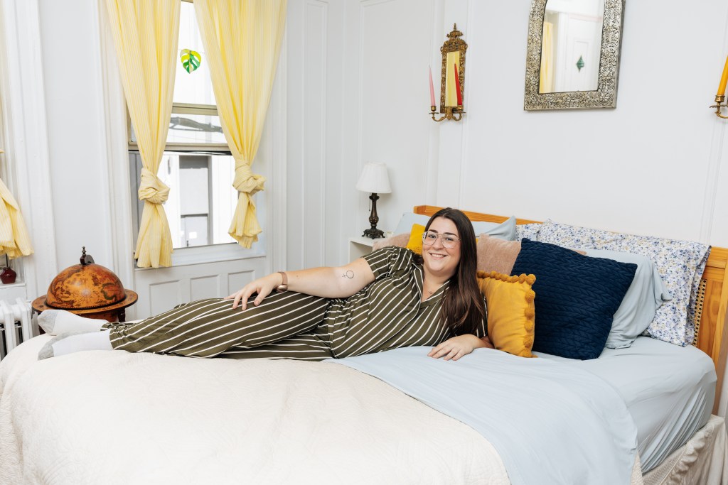 McKenzie Beard wearing Coop Cool+ pajamas in her home.
