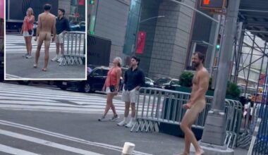 Buck-naked bum who's not the Naked Cowboy strolls through Times Square, drawing gasps: video