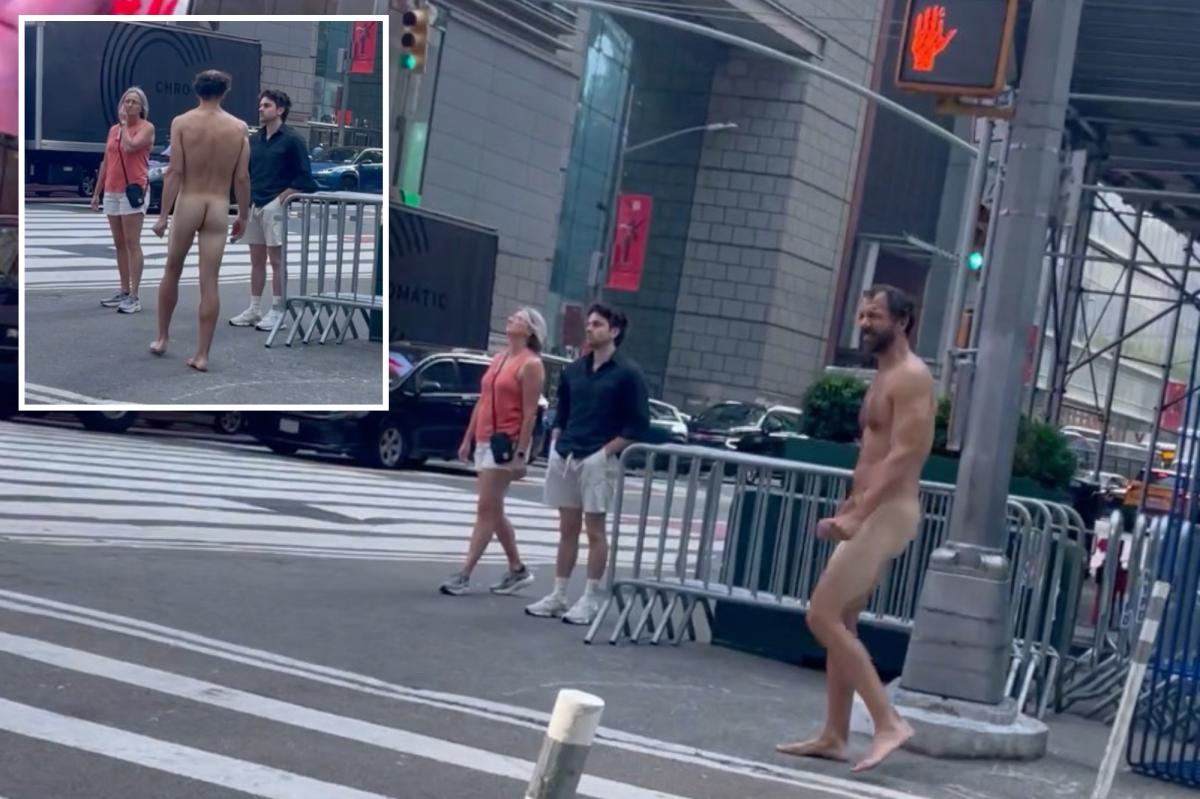 Buck-naked bum who's not the Naked Cowboy strolls through Times Square, drawing gasps: video