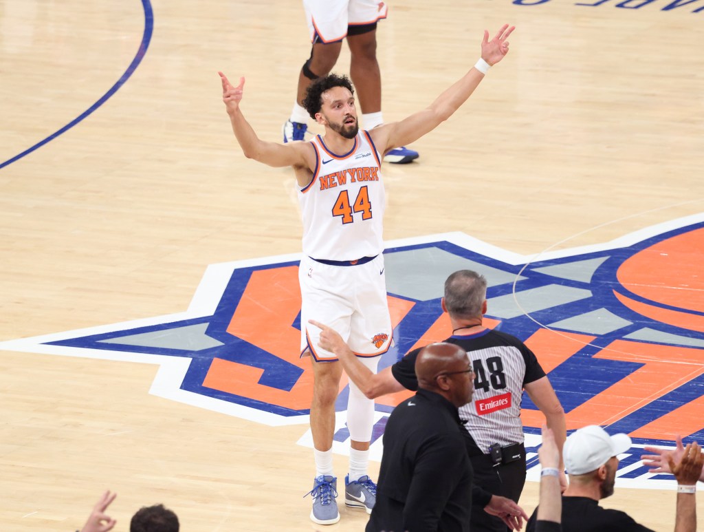 New York Knicks guard Landry Shamet reacting after hitting a 3-point shot in Overtime.