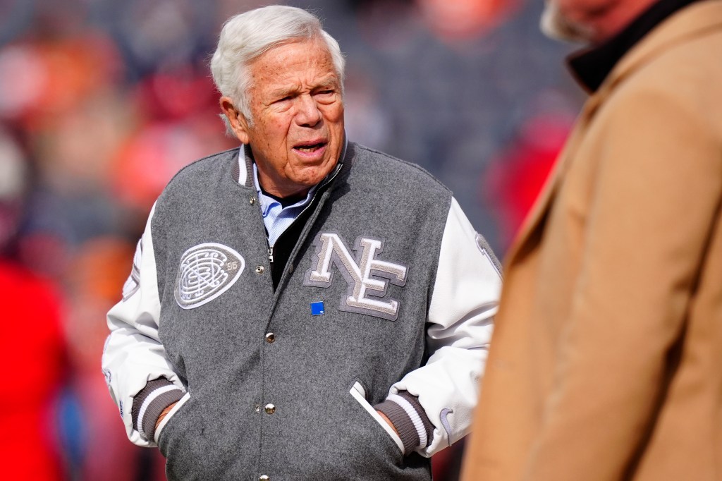 New England Patriots owner Robert Kraft looking to his right.