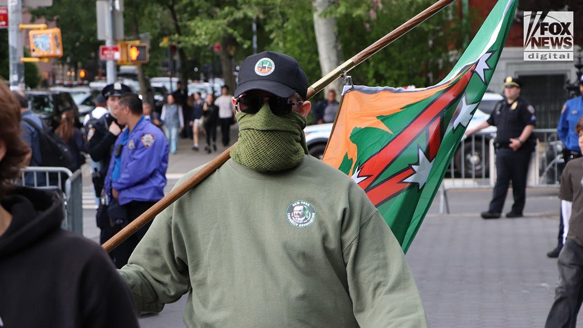 Masked protester carrying Irish republican-style flag at NYC Nakba march