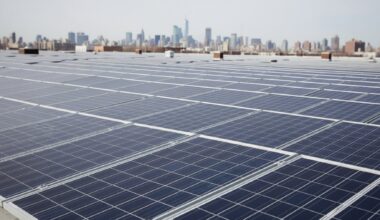 rooftop solar panels on a New York City building with the city skyline behind, new york just