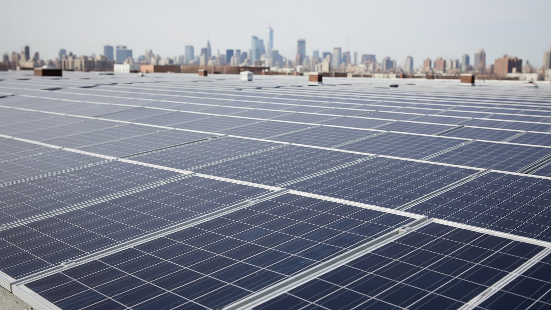 rooftop solar panels on a New York City building with the city skyline behind, new york just