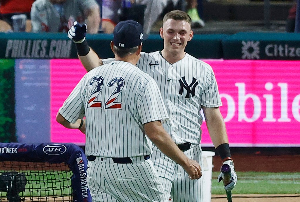 New York Yankees Ben Rice congratulates his father Dan Rice at the 2026 MLB Home Run Derby.