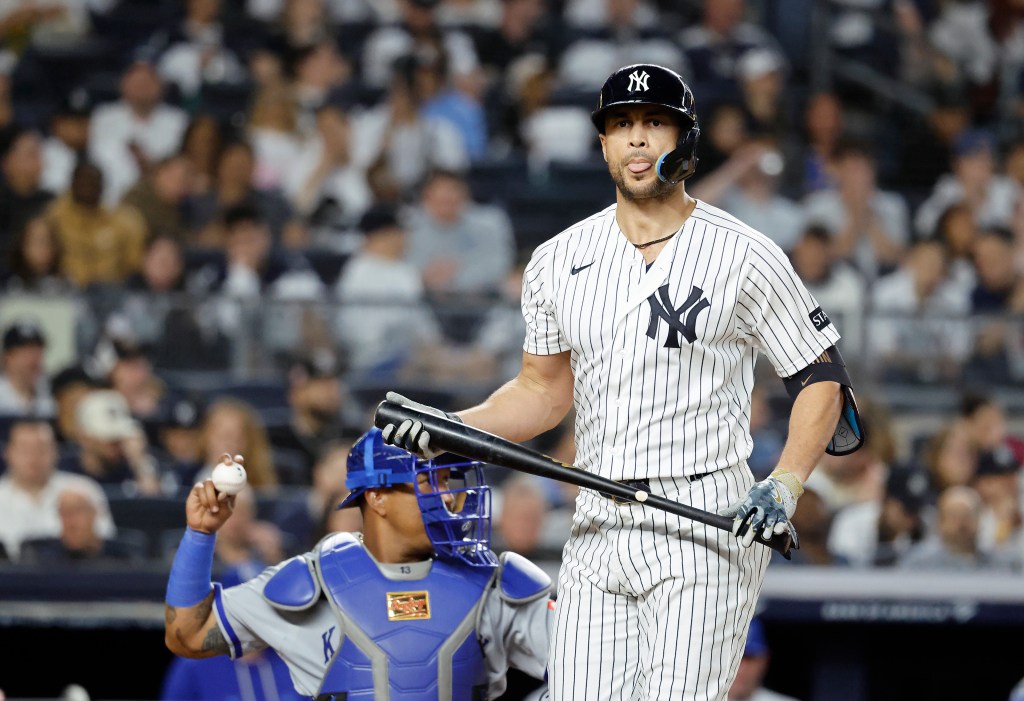 Yankees designated hitter Giancarlo Stanton reacts after he strikes out during the fourth inning at Yankee Stadium in The Bronx, New York, USA, Friday, April 17, 2026.