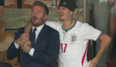 David Beckham belts out Wonderwall arm-in-arm with Romeo after England quarter-final win