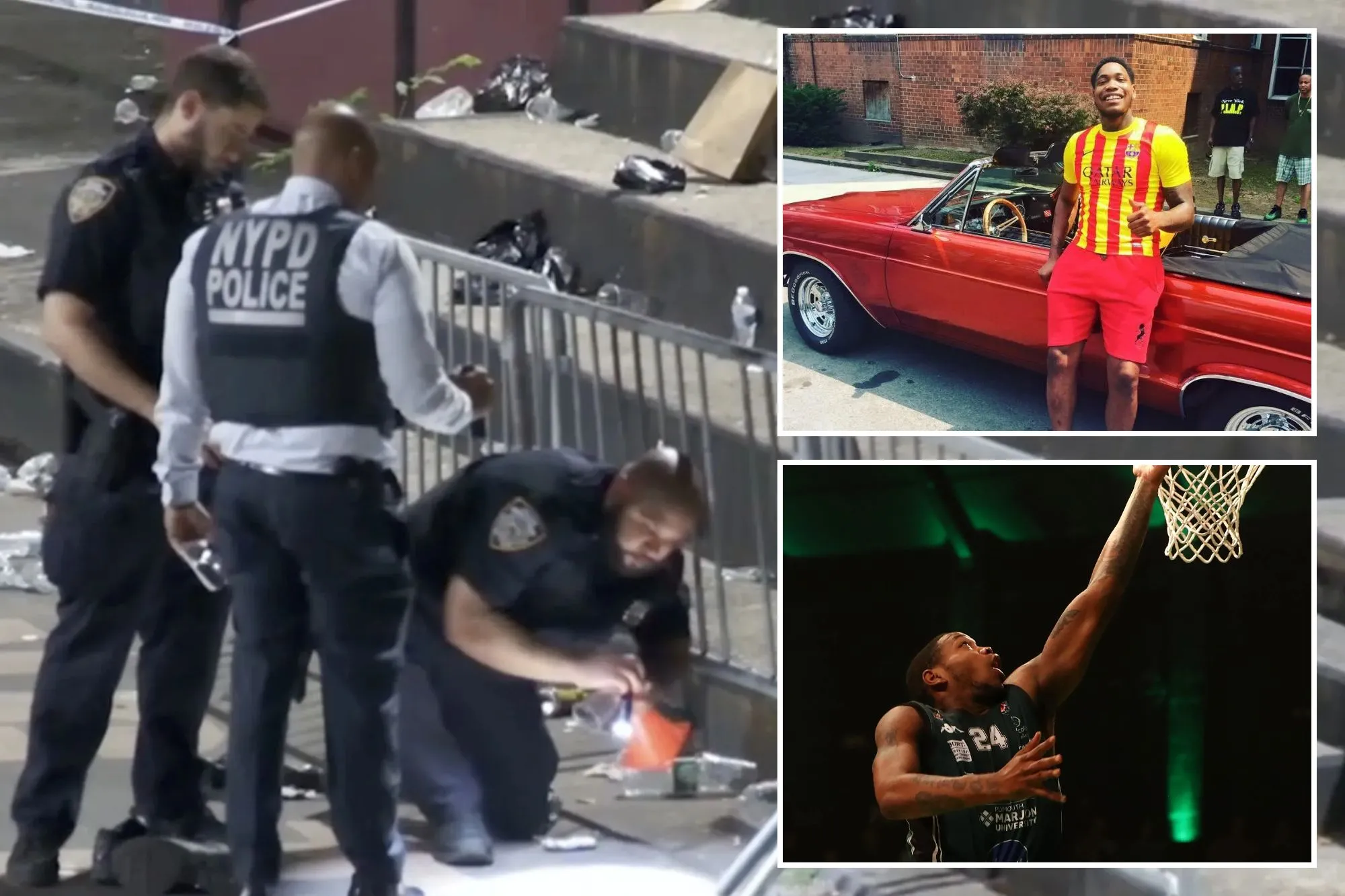An image collage containing 3 images, Image 1 shows NYPD officers investigating a triple shooting scene in Harlem with debris scattered around, Image 2 shows NINTCHDBPICT001094768685, Image 3 shows NINTCHDBPICT001094768004