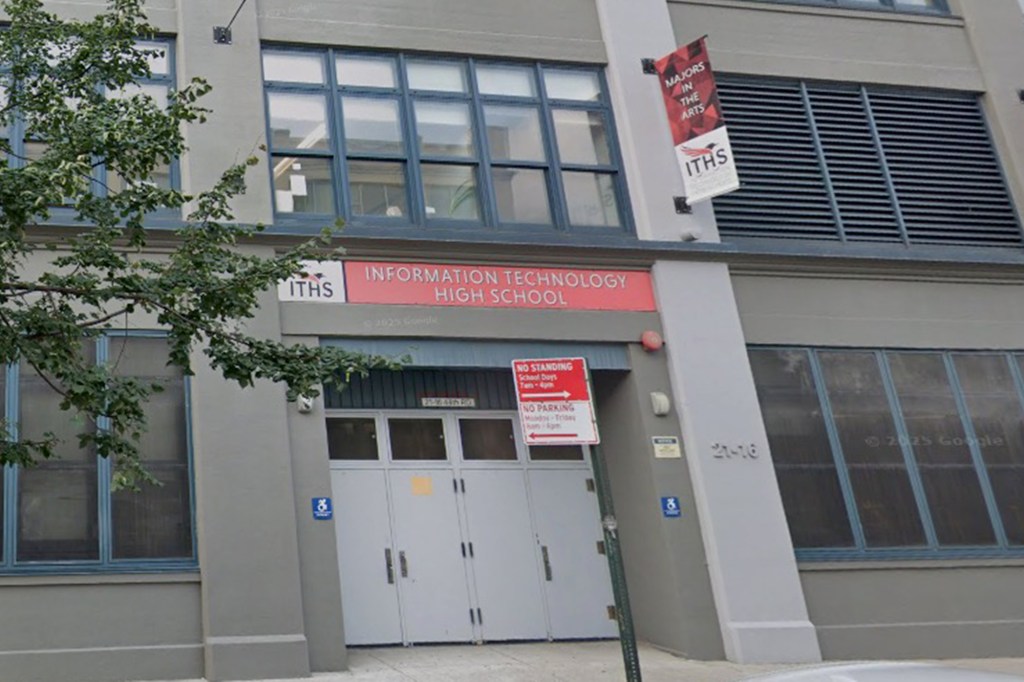 Entrance to Information Technology High School in Long Island City, Queens, New York.