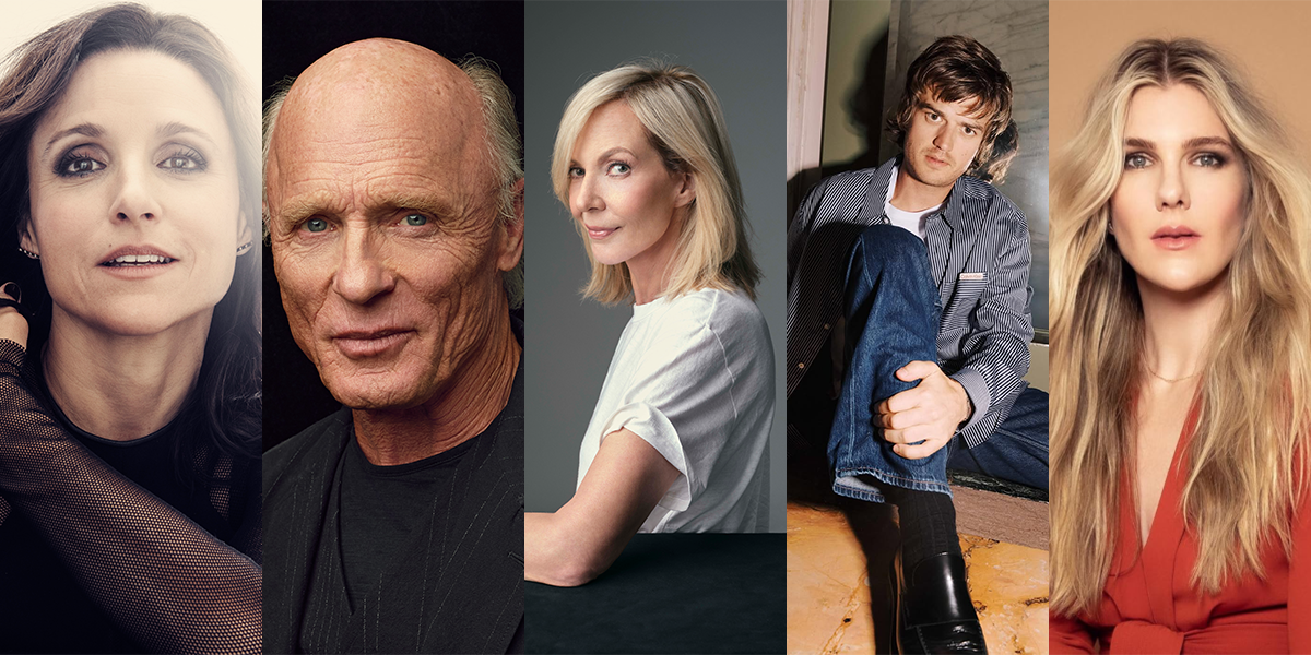 Five adults, three women and two men, pose separately in individual portraits with neutral or soft expressions against various backgrounds.