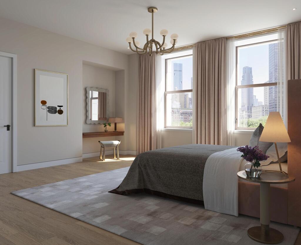 A designed bedroom in one of the north-facing apartments (Illustration: Visualisation One, The Flatiron Building) חדר שינה מעוצב באחת הדירות הפונות צפונה