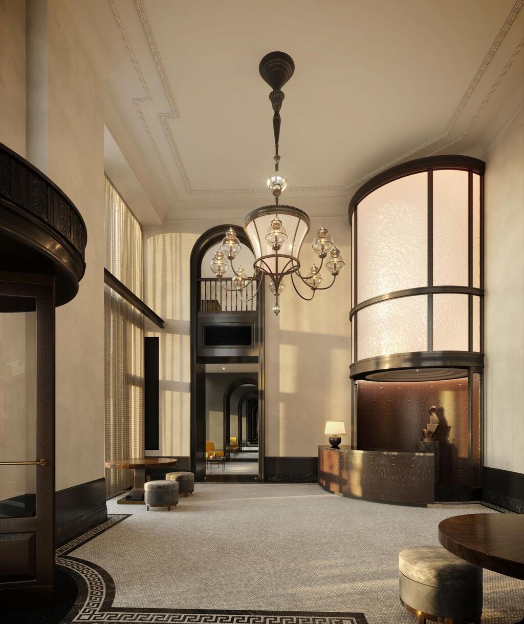 The planned lobby remains faithful to the original style (Illustration: Visualisation One, The Flatiron Building) הלובי