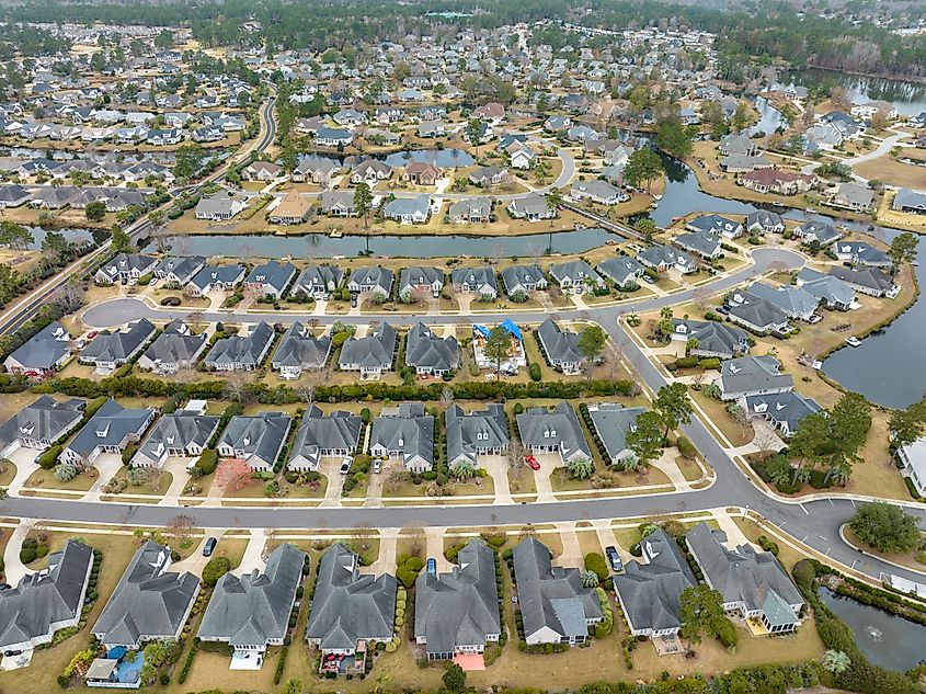 Aerial view of the Water Community in Leland, North Carolina. 