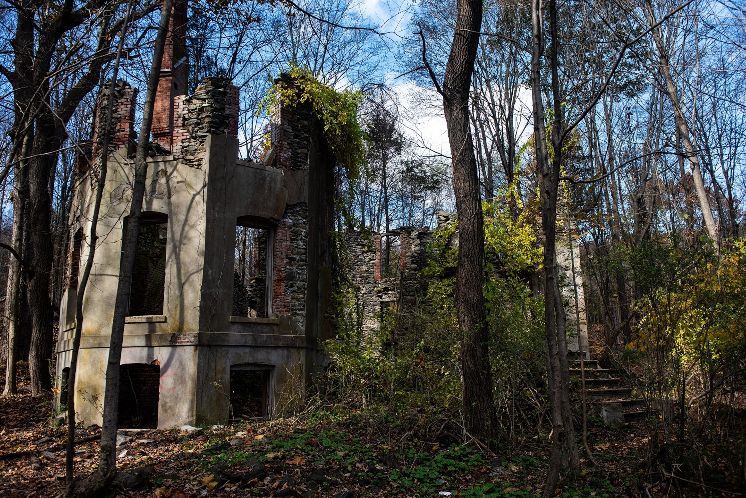 A building ruins in the forest with a staircase to the right