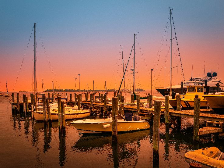 Sunrise over the Mystic River marina in Connecticut