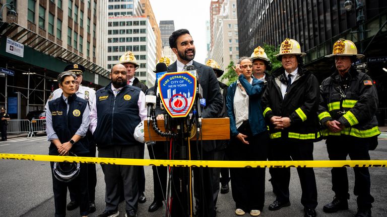 Mayor Zohran Mamdani spoke to media alongside fire chiefs. Pic: AP
