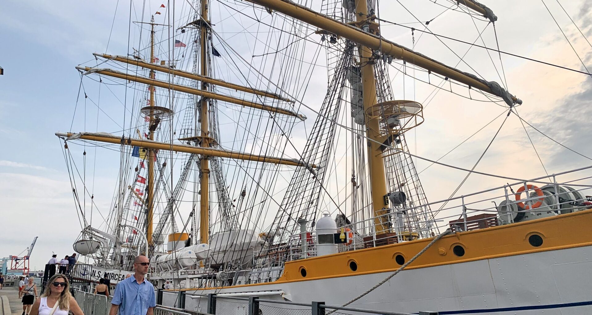 Mircea, a three-masted barque from Romania, is one of several tall ships docked at Brooklyn Bridge Park until Wednesday morning. Photo: Mary Frost/Brooklyn Eagle