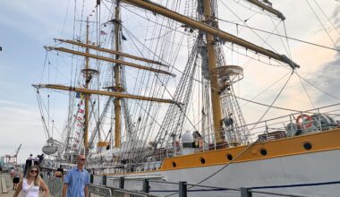 Mircea, a three-masted barque from Romania, is one of several tall ships docked at Brooklyn Bridge Park until Wednesday morning. Photo: Mary Frost/Brooklyn Eagle