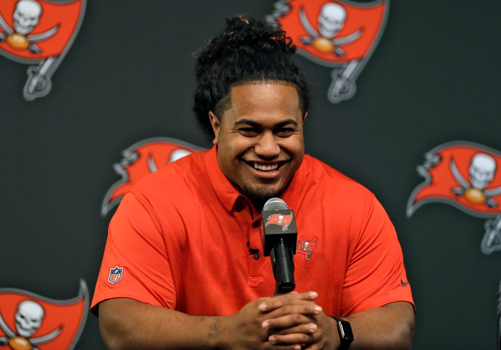 Tampa Bay Buccaneers first-round draft pick Vita Vea smiling at a news conference.