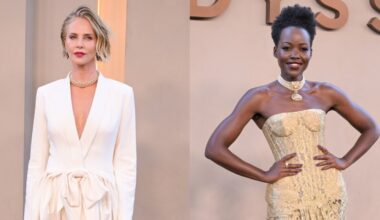 Charlize Theron in Dior, left, and Lupita Nyong'o in Nicholas Oakwell at "The Odyssey" premiere on July 14 in New York City.