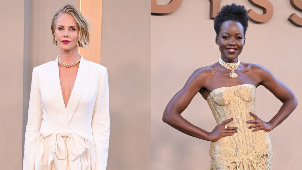 Charlize Theron in Dior, left, and Lupita Nyong'o in Nicholas Oakwell at "The Odyssey" premiere on July 14 in New York City.
