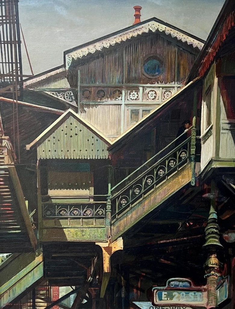 A detailed painting of a historical building with ornate wooden architecture and a staircase, featuring intricate railings and decorative elements.