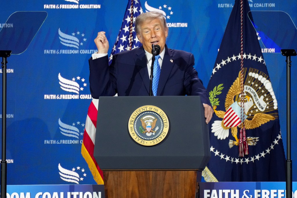 US President Donald Trump delivers remarks at the Faith & Freedom Coalition's Road to Majority Conference.