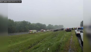 6 injured after passenger bus rolls over on New York State Thruway in Ulster County, police say