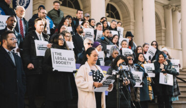 “Public defenders deserve to be treated equally and fairly — and so do the people we serve," says Tatiana Sarrion, Admin. Assistant with BDS’ Immigration Practice at a Rally for Fair Funding on March 20, 2023. Photo: Brooklyn Defender Services/Sarah Duggan