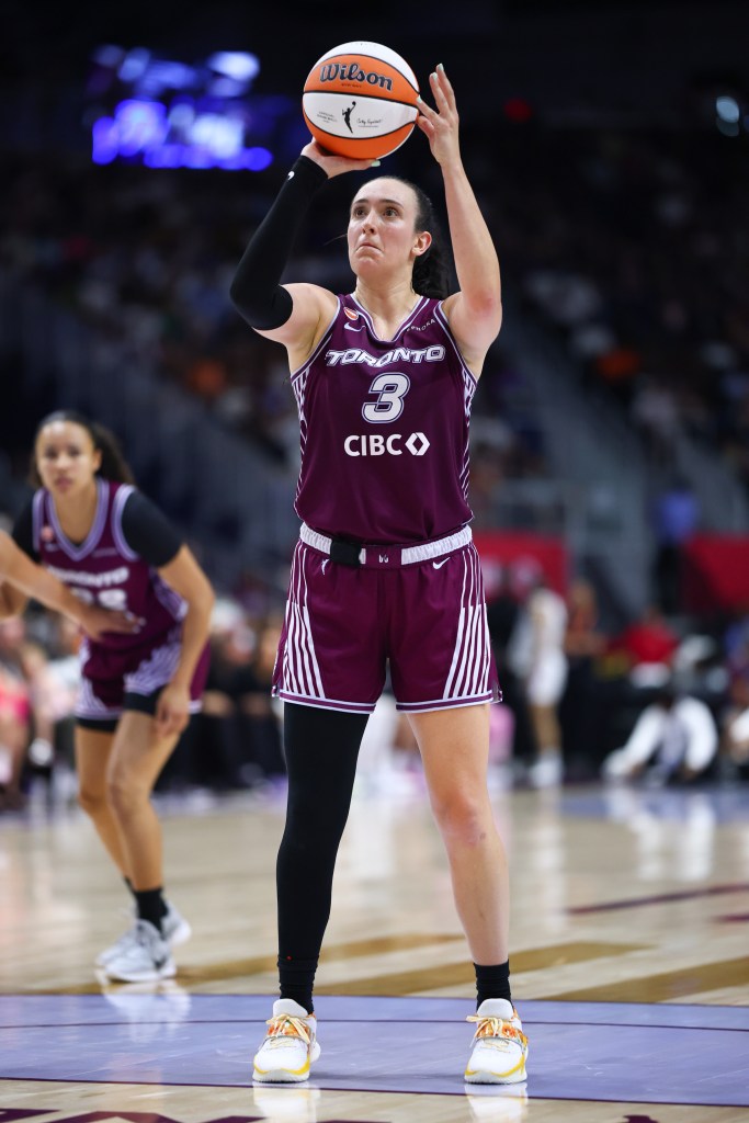 Marina Mabrey, number 3 of the Toronto Tempo, prepares to shoot a free throw.