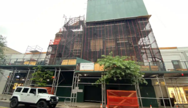 scaffolding covered building in williamsburg