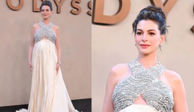 Anne Hathaway, Prada, custom, gown, 'The Odyssey,' New York, premiere, maternity