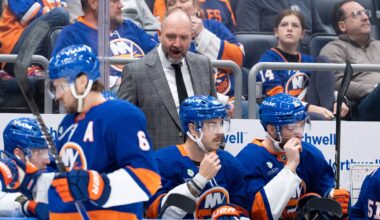 New York Islanders head coach Peter DeBoer speaks to his team prior to their game against the Montréal Canadiens at UBS Arena. Mandatory Credit: Alexander Wohl-Imagn Images