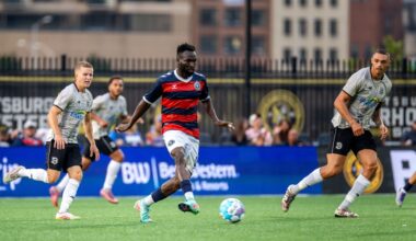 Albert Dikwa plays a pass in the Pittsburgh Riverhounds match against Brooklyn FC on July 4, 2026 at F.N.B. Stadium in Pittsburgh. (Photo: Chris Cowger/Riverhounds SC)