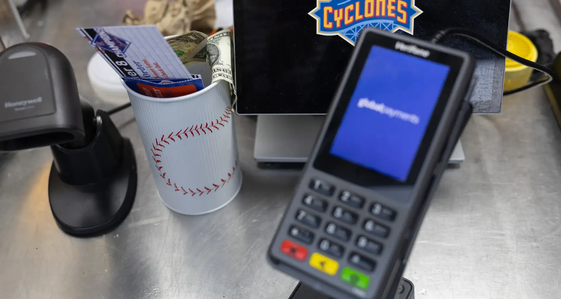 Workers selling concessions at a Brooklyn Cyclones game set up a tip jar, Aug. 1, 2026 Credit: Ben Fractenberg/The City Reporter