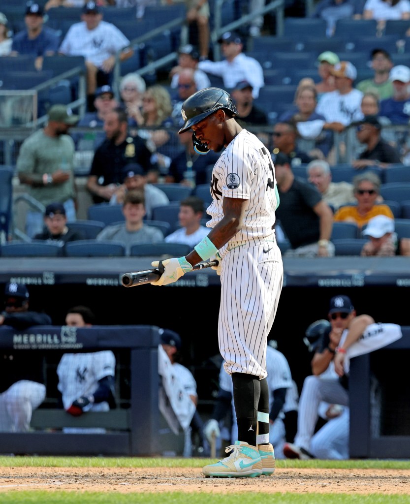 New York Yankees second baseman Jazz Chisholm Jr. (13) reacts after he strikes out swinging 