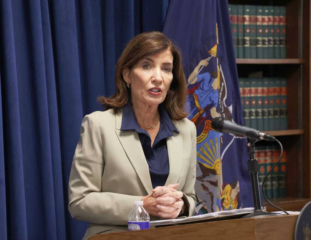 New York Gov. Kathy Hochul speaking at the Queens District Attorney's Office.
