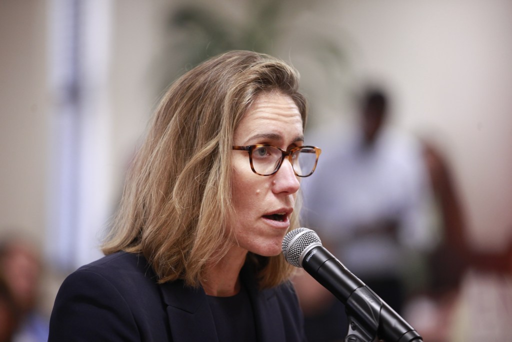 Citizens Union Executive Director Grace Rauh speaks at a Board of Elections meeting in Lower Manhattan.
