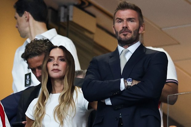 Victoria and David Beckham are seen during the FIFA World Cup 2026 Semi Final match between England and Argentina at Atlanta Stadium on July 15, 2026 in Atlanta, Georgia.