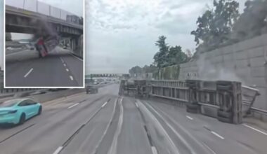 Terrifying footage captures tractor trailer slam into New York overpass in cloud of shredded wreckage