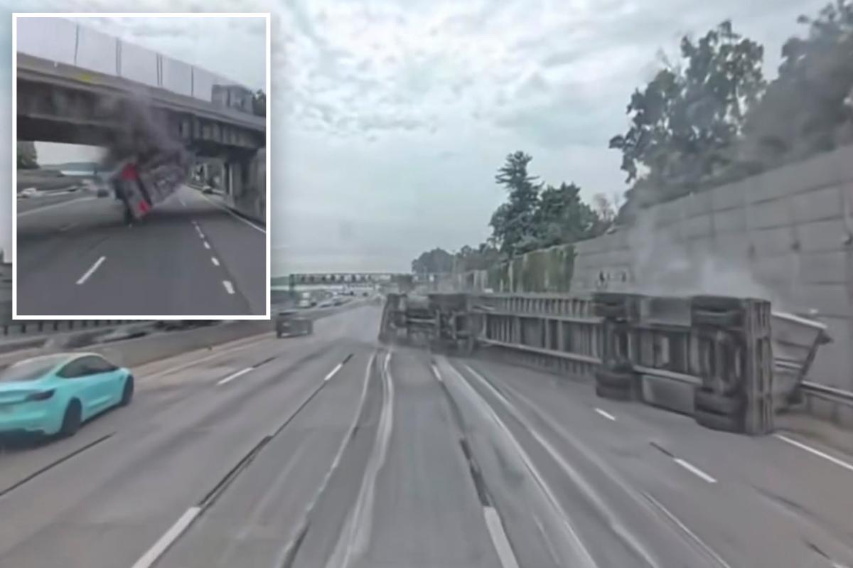 Terrifying footage captures tractor trailer slam into New York overpass in cloud of shredded wreckage