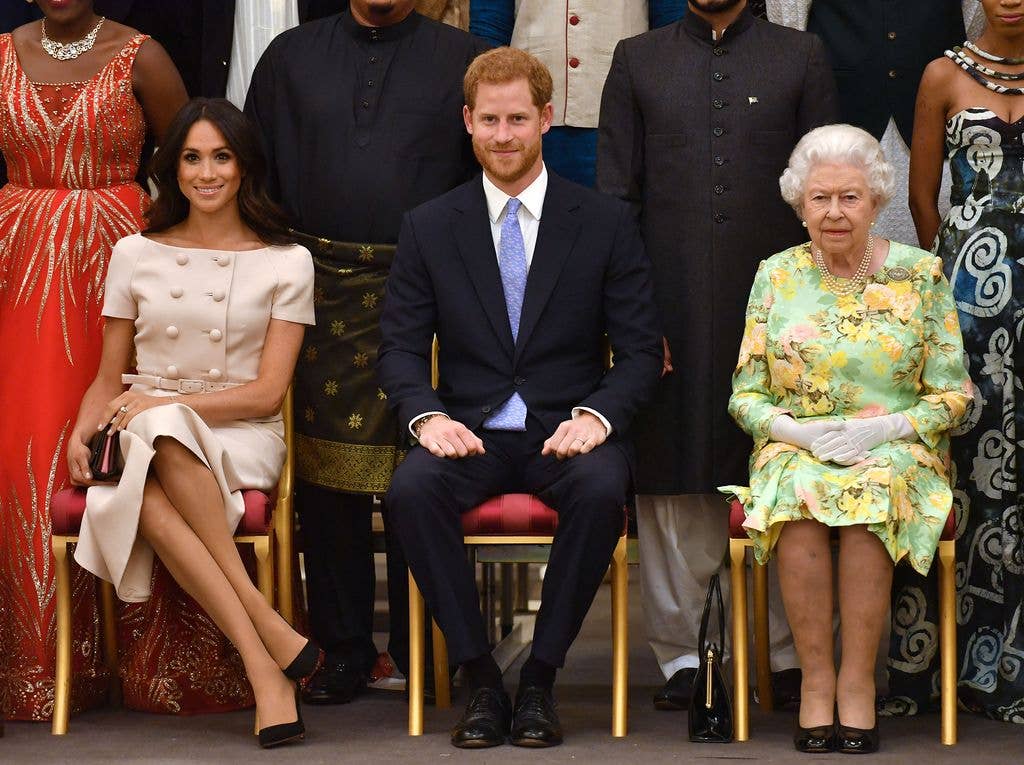 Meghan, Duchess of Sussex, Britain's Prince Harry, Duke of Sussex and Britain's Queen Elizabeth II 