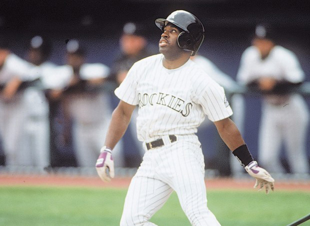 Rockies leadoff hitter Eric Young, in the team's first plate appearance at Mile High Stadium, smacked a home run to the seats in left-center field on April 9, 1993. (Karl Gehring, The Denver Post)