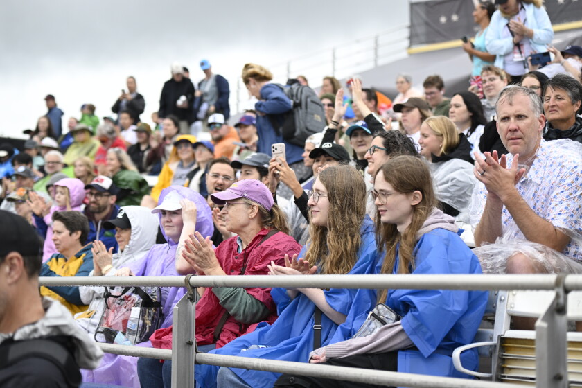 Fans wait for the inaugural Women's Professional Baseball League game between the Los Angeles Queens and the New York Heights, Saturday in Springfield.