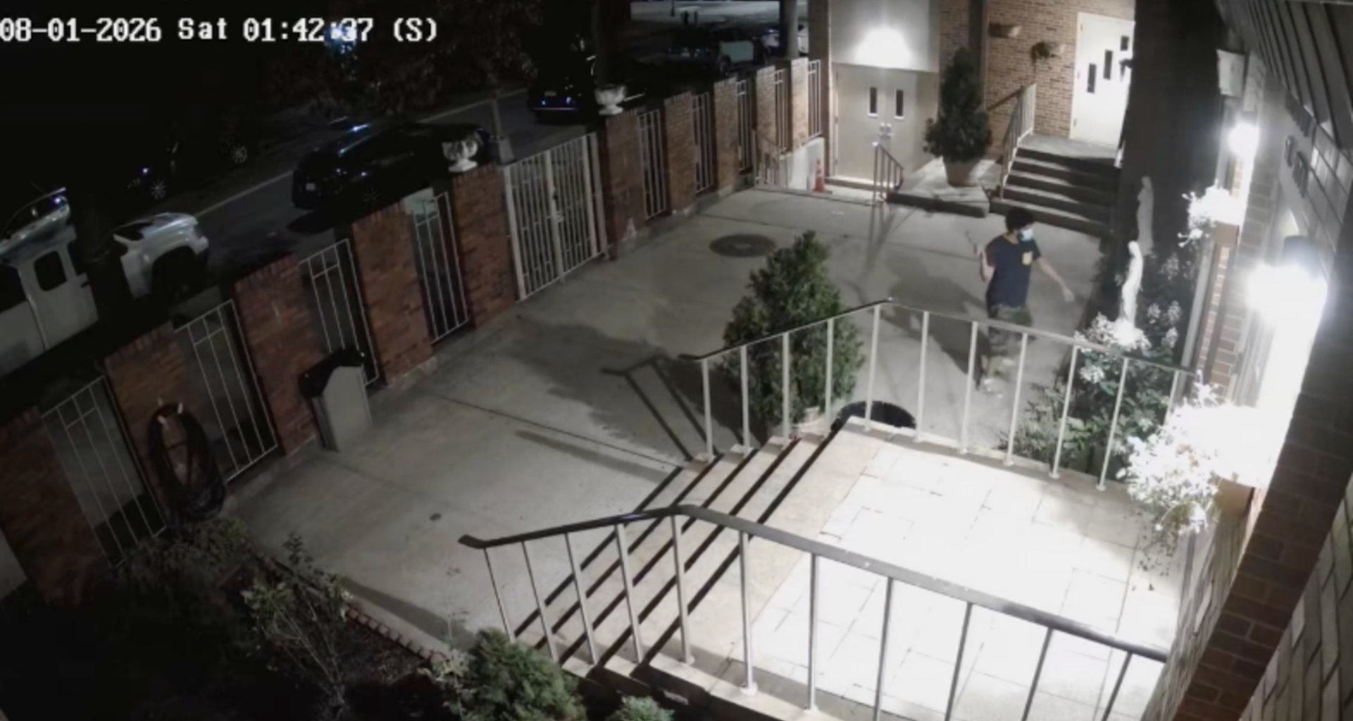 A masked man is caught on camera destroying a statue of the Blessed Mother at St. Rita Catholic Church in Queens, New York, Aug. 1, 2026.