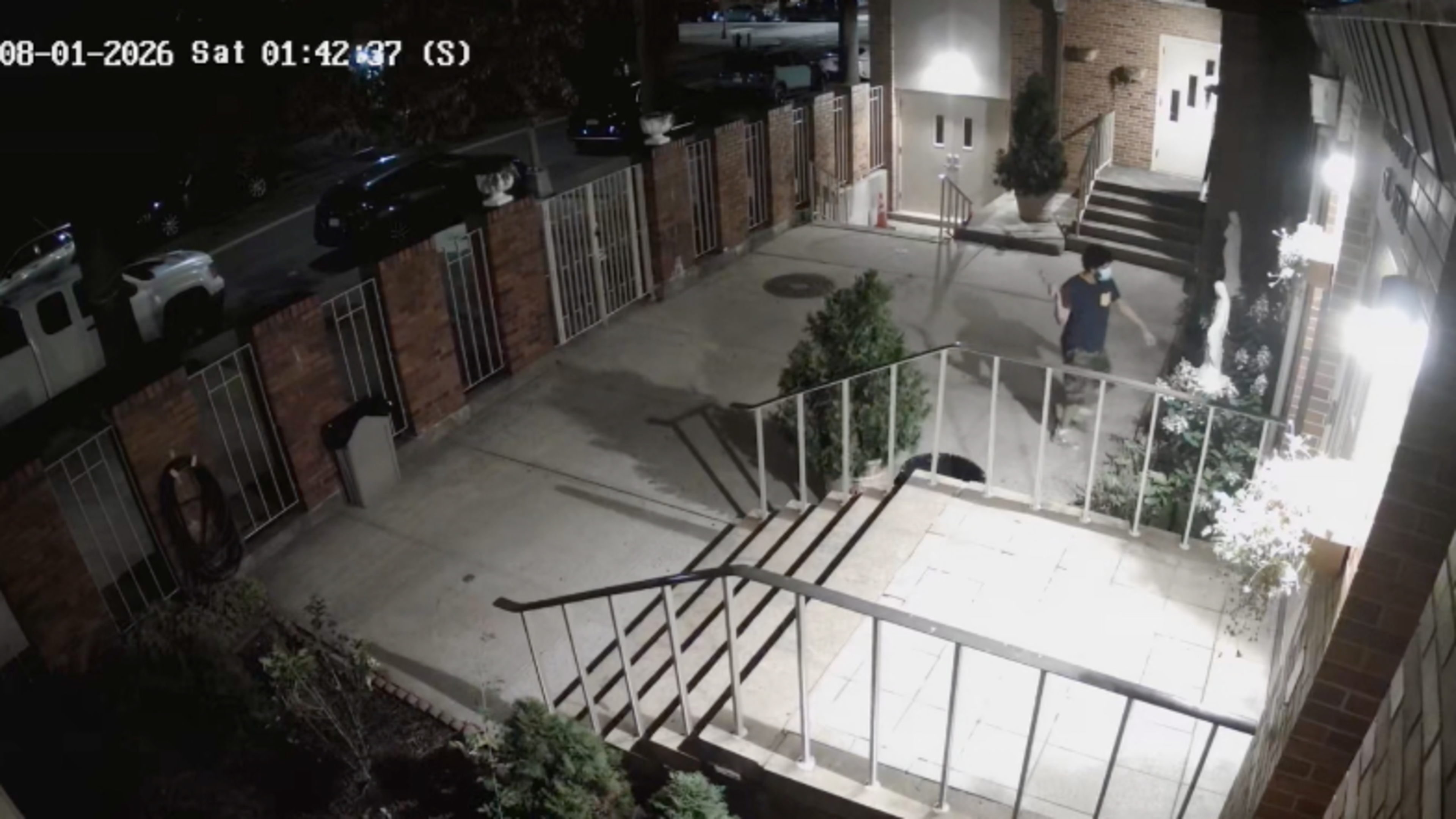 A masked man is caught on camera destroying a statue of the Blessed Mother at St. Rita Catholic Church in Queens, New York, Aug. 1, 2026. | Credit: Courtesy of the Diocese of Brooklyn/St. Rita Catholic Church